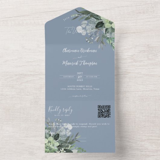 Invitation Tout En Un Botanique Dusty Blue QR Code Mariage (À l'intérieur)