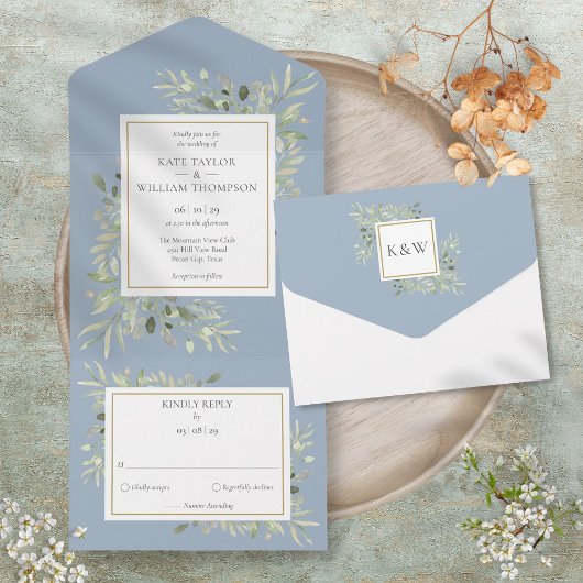Invitation Tout En Un Botanique Mariage bleu Dusty Feuille