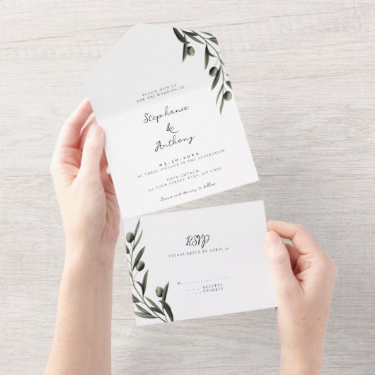 Invitation Tout En Un Botanique Olive Branch Feuille Mariage italien (Déchirure)