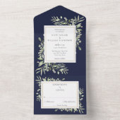 Invitation Tout En Un Botanique Vert Feuille Marine Mariage bleu (À l'intérieur)