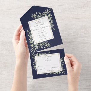 Invitation Tout En Un Botanique Vert Feuille Marine Mariage bleu