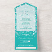 Invitation Tout En Un Botaniques blanches sur Turquoise (À l'intérieur)