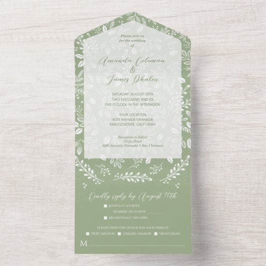 Invitation Tout En Un Botaniques blancs Sage Green No Envelopes Mariage (À l'intérieur)