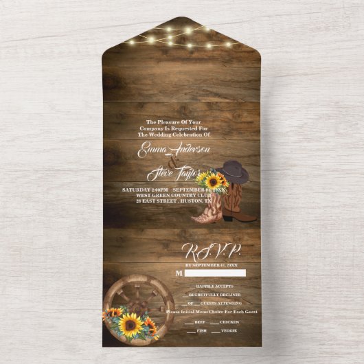 Invitation Tout En Un Bottes rustiques Cowboy Sunflower Western Mariage (À l'intérieur)