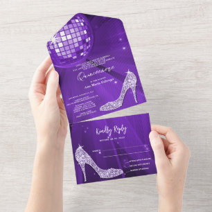 Invitation Tout En Un Boule à facettes et talons violets Quinceañera