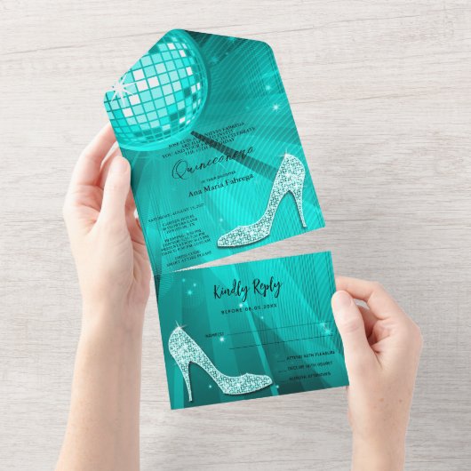 Invitation Tout En Un Boule Disco et talons Quinceañera Turquoise (Déchirure)