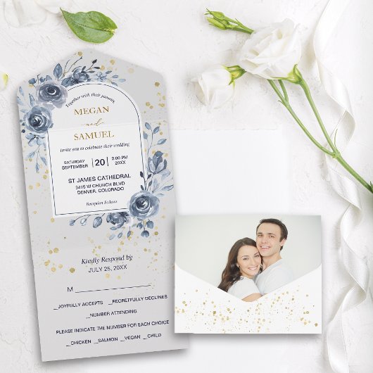 Invitation Tout En Un Bouquet Blue Rose Mariage photo
