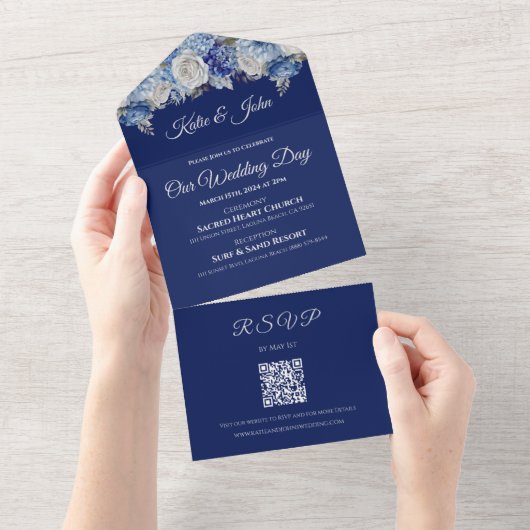 Invitation Tout En Un Bouquet de fleurs bleu aquarelle-Mariage (Déchirure)