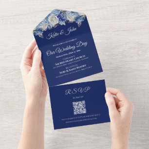 Invitation Tout En Un Bouquet de fleurs bleu aquarelle-Mariage