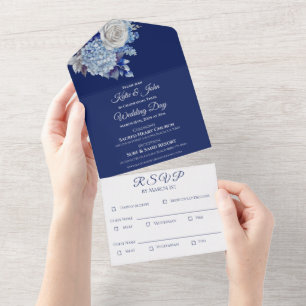 Invitation Tout En Un Bouquet de fleurs bleu aquarelle-Mariage