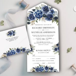 Invitation Tout En Un Bouquet de fleurs de mariage bleu marine rustique
