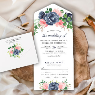 Invitation Tout En Un Bouquet de fleurs rose poudré et bleu marine pour 
