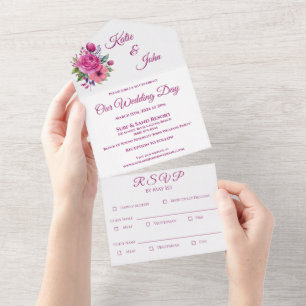 Invitation Tout En Un Bouquet de fleurs roses d'aquarelle-Mariage