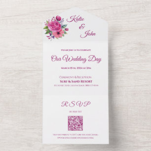 Invitation Tout En Un Bouquet de fleurs roses d'aquarelle-Mariage