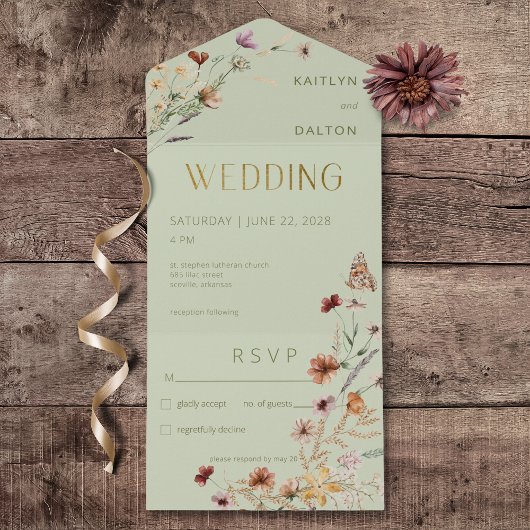Invitation Tout En Un Bouquet de fleurs sauvages vert sauge moderne sans