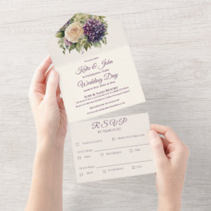 Invitation Tout En Un Bouquet de fleurs violettes d'aquarelle Mariage