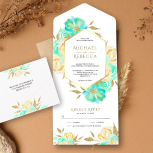 Invitation Tout En Un Bouquet de mariage floral vert menthe et or ivoire