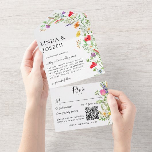Invitation Tout En Un Bouquet fleur sauvage QR Code Tout en un Invitatio (Déchirure)