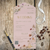 Invitation Tout En Un Bouquet Fleur sauvage rose moderne QR Code