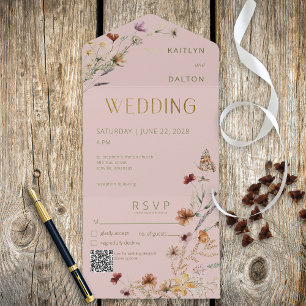 Invitation Tout En Un Bouquet Fleur sauvage rose moderne QR Code