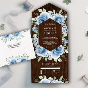 Invitation Tout En Un Bouquet Floral Bleu Poussiéreux Moderne en Bois de