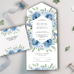 Invitation Tout En Un Bouquet Floral Moderne Bleu Poussiéreux de Mariage