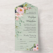 Invitation Tout En Un Bouquet floral rose saumon sur fond vert sauge pou (À l'intérieur)