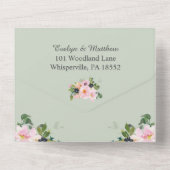 Invitation Tout En Un Bouquet floral rose saumon sur fond vert sauge pou (Verso)