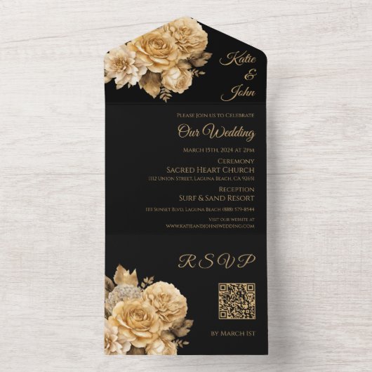 Invitation Tout En Un Bouquet-Mariage de fleurs neutres - Code QR (À l'intérieur)