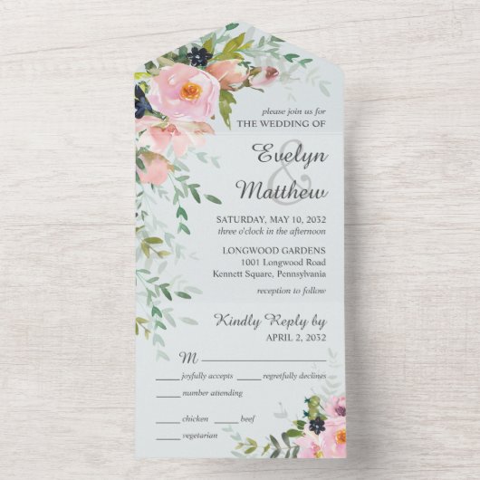 Invitation Tout En Un Bouquet rose pâle sur Mariage bleu clair (À l'intérieur)