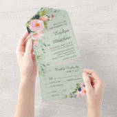 Invitation Tout En Un Bouquet rose pâle sur Mariage vert Sage (Déchirure)