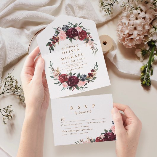 Invitation Tout En Un Bourgogne aquarelle fleurie boho rustique mariage 