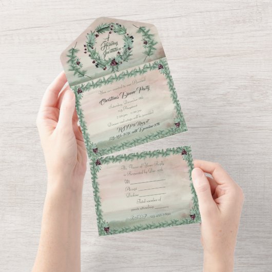 Invitation Tout En Un Bourgogne Baie Houx Pin Noël (Déchirure)