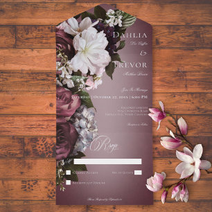 Invitation Tout En Un Bourgogne Élégant Foncé Crème Flou Floral Pas de D