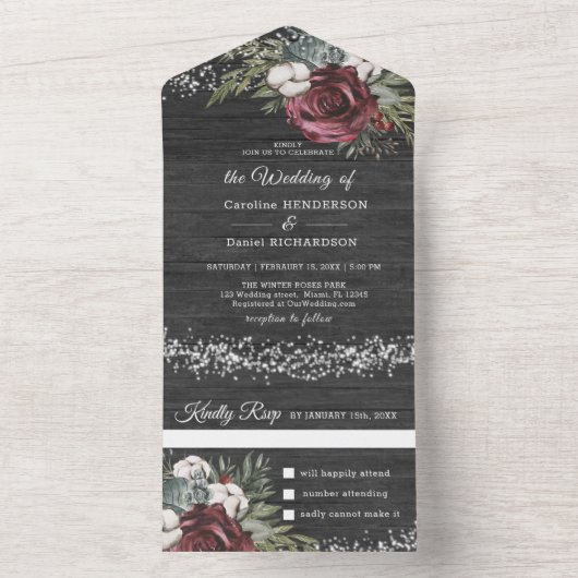 Invitation Tout En Un Bourgogne en Bois Élégant Mariage Tout En Un (À l'intérieur)