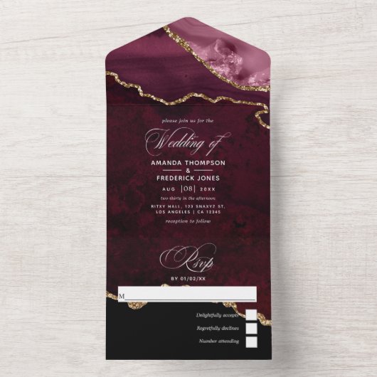 Invitation Tout En Un Bourgogne et Gold Agate Mariage All In One Invitat (À l'intérieur)