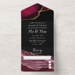 Invitation Tout En Un Bourgogne et Gold Agate Mariage All In One Invitat<br><div class="desc">Faire-part de mariage en pierre d'agate de parties scintillant bordeaux et faux or aux accents de noir personnalisable selon vos spécificités d'événement.</div>