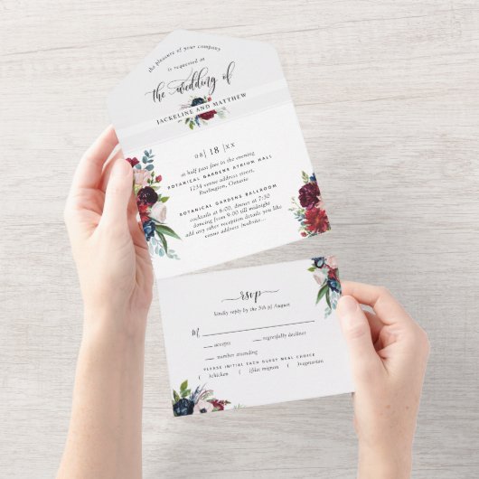 Invitation Tout En Un Bourgogne et Mariage bleu avec RSVP perforé (Déchirure)
