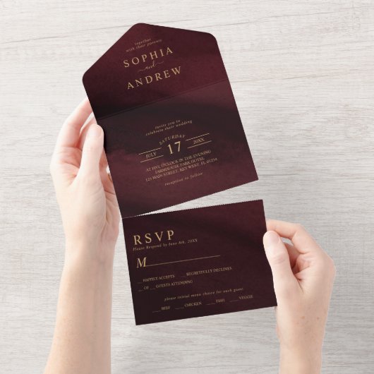 Invitation Tout En Un Bourgogne et Mariage d'or tout en un (Déchirure)