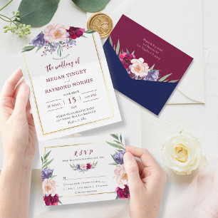 Invitation Tout En Un Bourgogne et marine Blue Blush Peony Floral Mariag