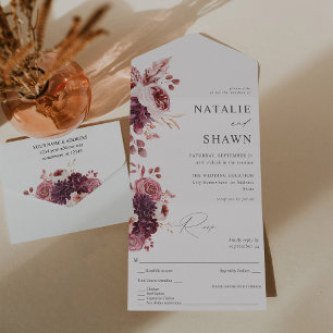 Invitation Tout En Un Bourgogne et rose Floral 8A Mariage