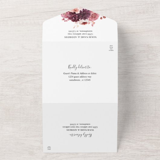 Invitation Tout En Un Bourgogne et rose Floral 8A Mariage (Dehors)