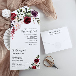 Invitation Tout En Un Bourgogne Floral Aquarelle Élégant Mariage