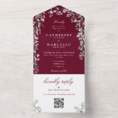 Invitation Tout En Un Bourgogne Floral Greenery QR Code Mariage (À l'intérieur)