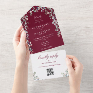 Invitation Tout En Un Bourgogne Floral Greenery QR Code Mariage
