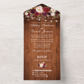 Invitation Tout En Un Bourgogne Floral Lumières Rustique Mariage bois (À l'intérieur)