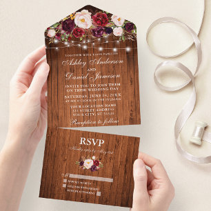 Invitation Tout En Un Bourgogne Floral Lumières Rustique Mariage bois