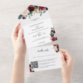 Invitation Tout En Un Bourgogne Floral Mariage avec QR Code RSVP (Déchirure)