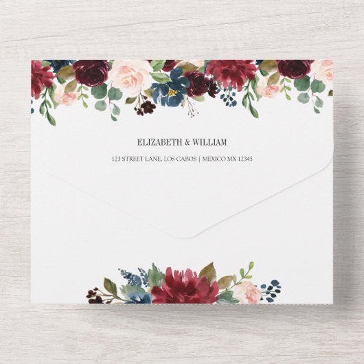 Invitation Tout En Un Bourgogne Floral Mariage avec QR Code RSVP (Verso)