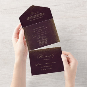 Invitation Tout En Un  Bourgogne Gold Parties scintillant Calligraphie